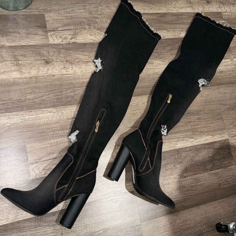 Black Faded torn Denim - Over the knee boots.